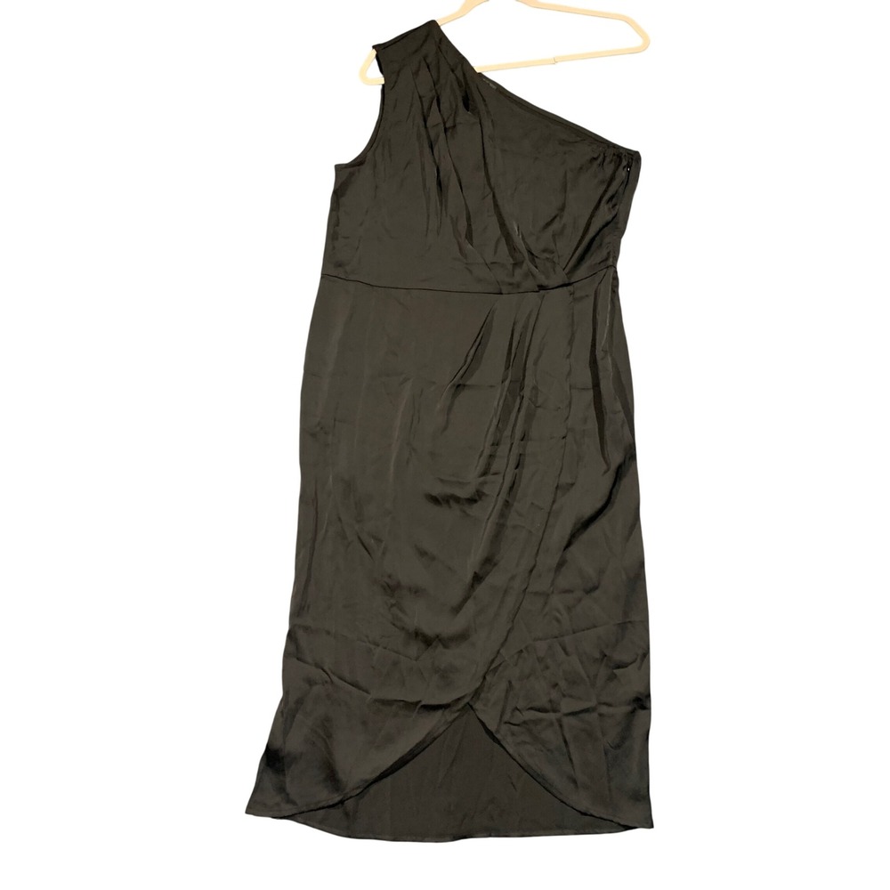 New PRETTY GARDEN Black‎ One Shoulder Draped Wrap Midi Dress Side Zip Satin XL